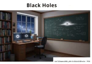 Office of a physicist studying black holes and relativity with equations and simulations.