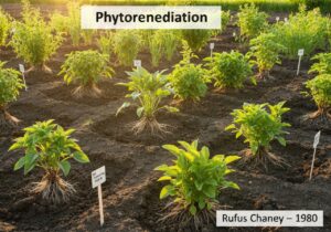 Phytoremediation site with diverse plants removing soil contaminants in environmental biology.