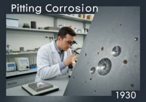 Metal sample exhibiting pitting corrosion in a materials science laboratory.