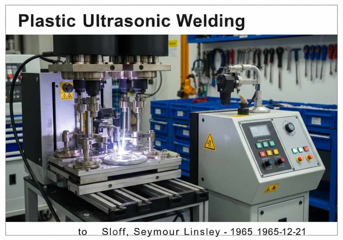 Ultrasonic welding machine joining plastic components in a factory setting, Polymer Technology.