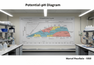 Pourbaix diagram detailing electrochemical stability of metals in aqueous systems.