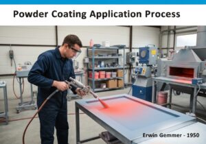Powder coating application in polymer technology for industrial equipment.
