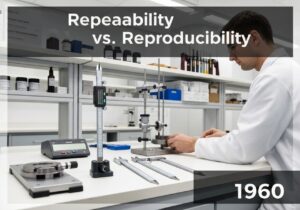 Precision measurement setup in a laboratory for assessing repeatability and reproducibility.