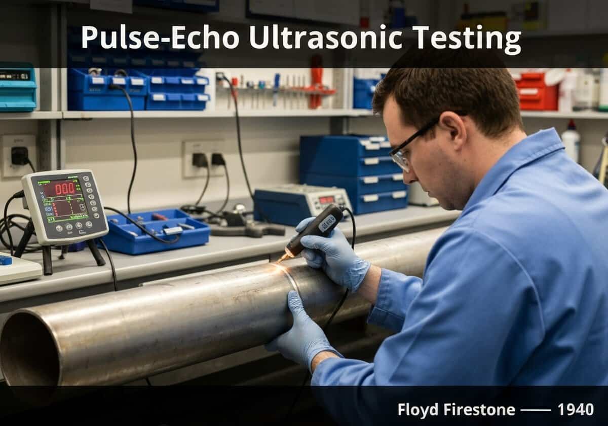 Technician conducting pulse-echo ultrasonic testing on a metal pipe in a laboratory.