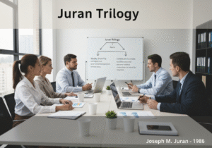 Quality management meeting focused on Juran Trilogy principles in a modern office.