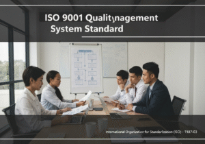 Quality management team implementing ISO 9001 in a modern office.