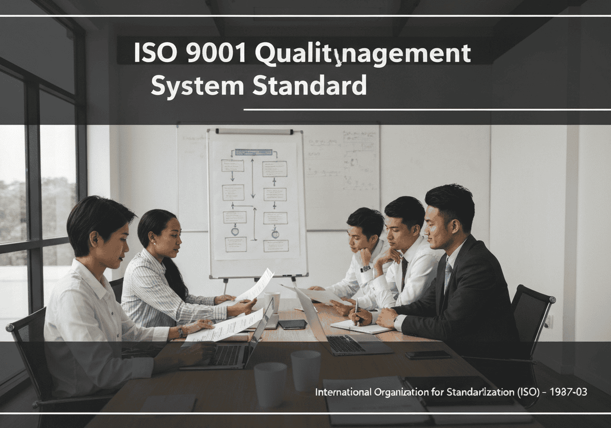 فريق إدارة الجودة الذي يطبق المعيار ISO 9001 في مكتب حديث.