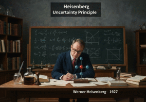 Physicist analyzing particle model in vintage laboratory, Heisenberg Uncertainty Principle.