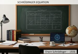 Physicist's workspace with Schrödinger Equation and quantum mechanics materials.