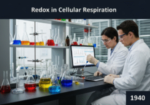 Biochemist studying redox reactions in cellular respiration in a laboratory.