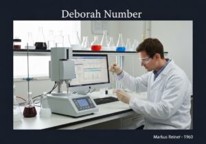 Laboratory rheology experiment measuring Deborah number in fluid materials.