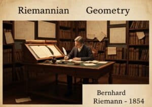 Study of Riemannian geometry with antique desk and parchment papers.
