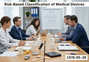 Regulatory office scene with professionals classifying medical devices by risk levels.