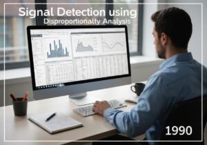Statistician analyzing drug safety data using disproportionality analysis in a modern office.
