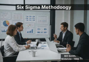 Team collaboration in Six Sigma project meeting focused on process improvement.