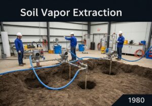 Soil vapor extraction site with extraction wells and monitoring equipment for VOC remediation.