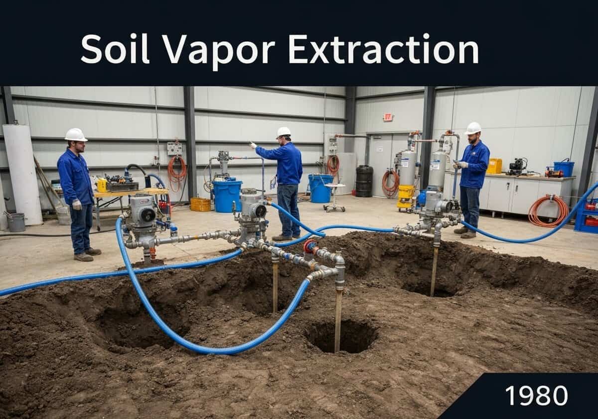 Soil vapor extraction site with extraction wells and monitoring equipment for VOC remediation.