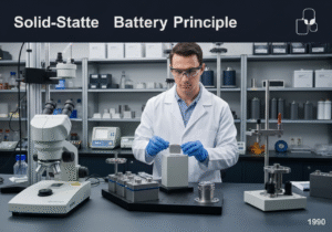 Solid-state battery assembly in a materials technology laboratory.