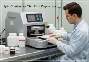 Laboratory technician performing spin coating for thin film deposition in a cleanroom.