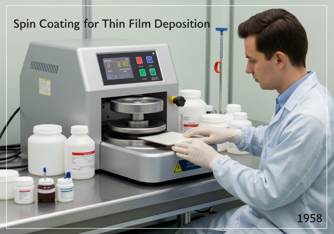 Laboratory technician performing spin coating for thin film deposition in a cleanroom.