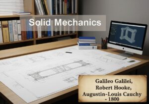 Drafting table with bridge blueprints and solid mechanics textbooks in an engineering office.
