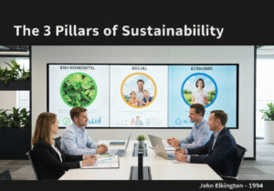 Corporate office scene highlighting the three pillars of sustainability in environmental sciences.