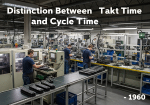 Manufacturing floor illustrating Takt time and Cycle time in industrial technology.