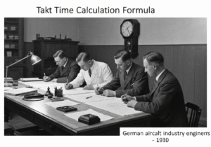 German aircraft engineers calculating Takt time in a 1930s workshop for production efficiency.