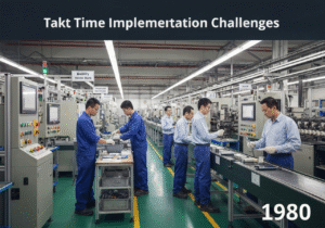 Industrial production line with engineers managing Takt time challenges in manufacturing.