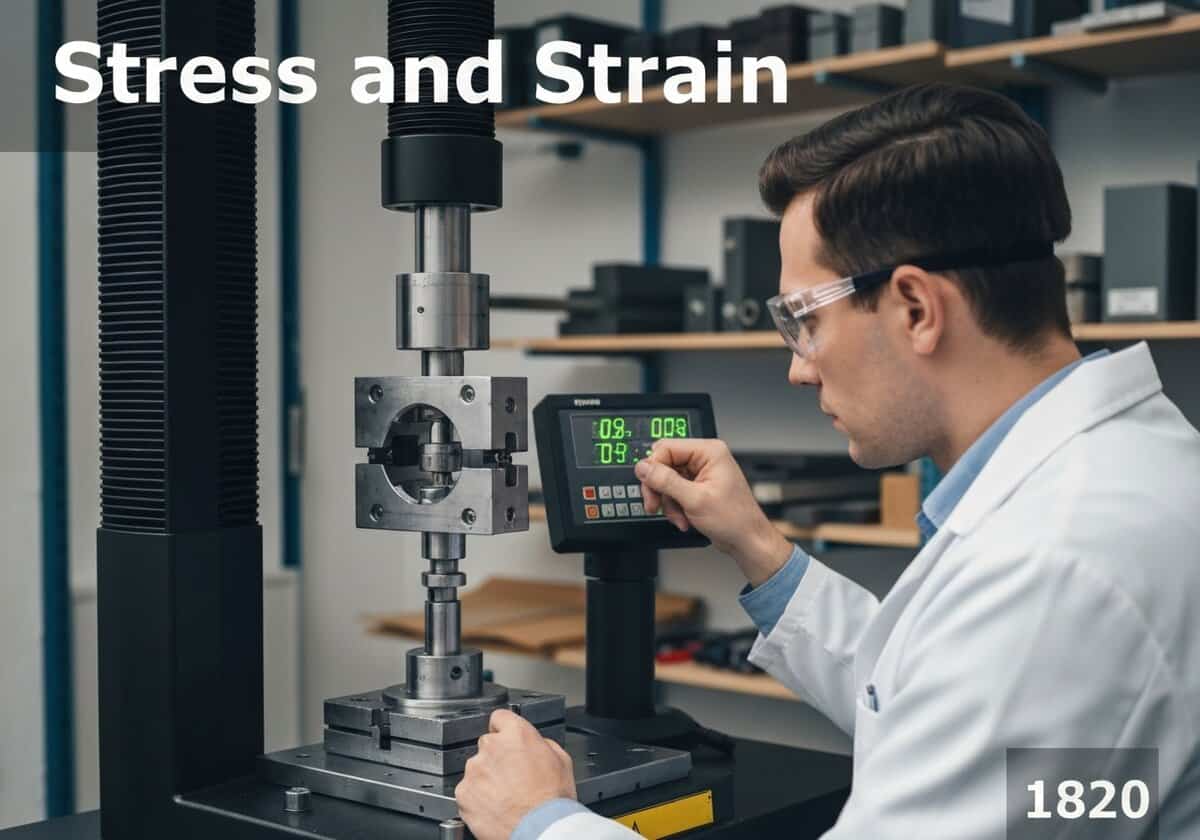 Tensile testing machine measuring stress and strain in solid state physics.