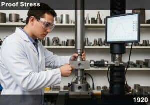 Tensile testing of high-strength steel to determine proof stress in materials science.
