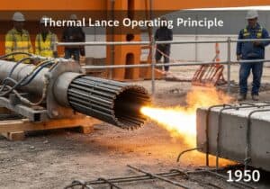 Thermal lance cutting reinforced concrete in mechanical engineering applications.