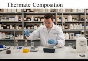 Laboratory scene with chemist measuring thermate composition for incendiary applications.