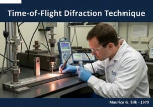 Technicien effectuant un test de diffraction par temps de vol sur un joint soudé dans un laboratoire.