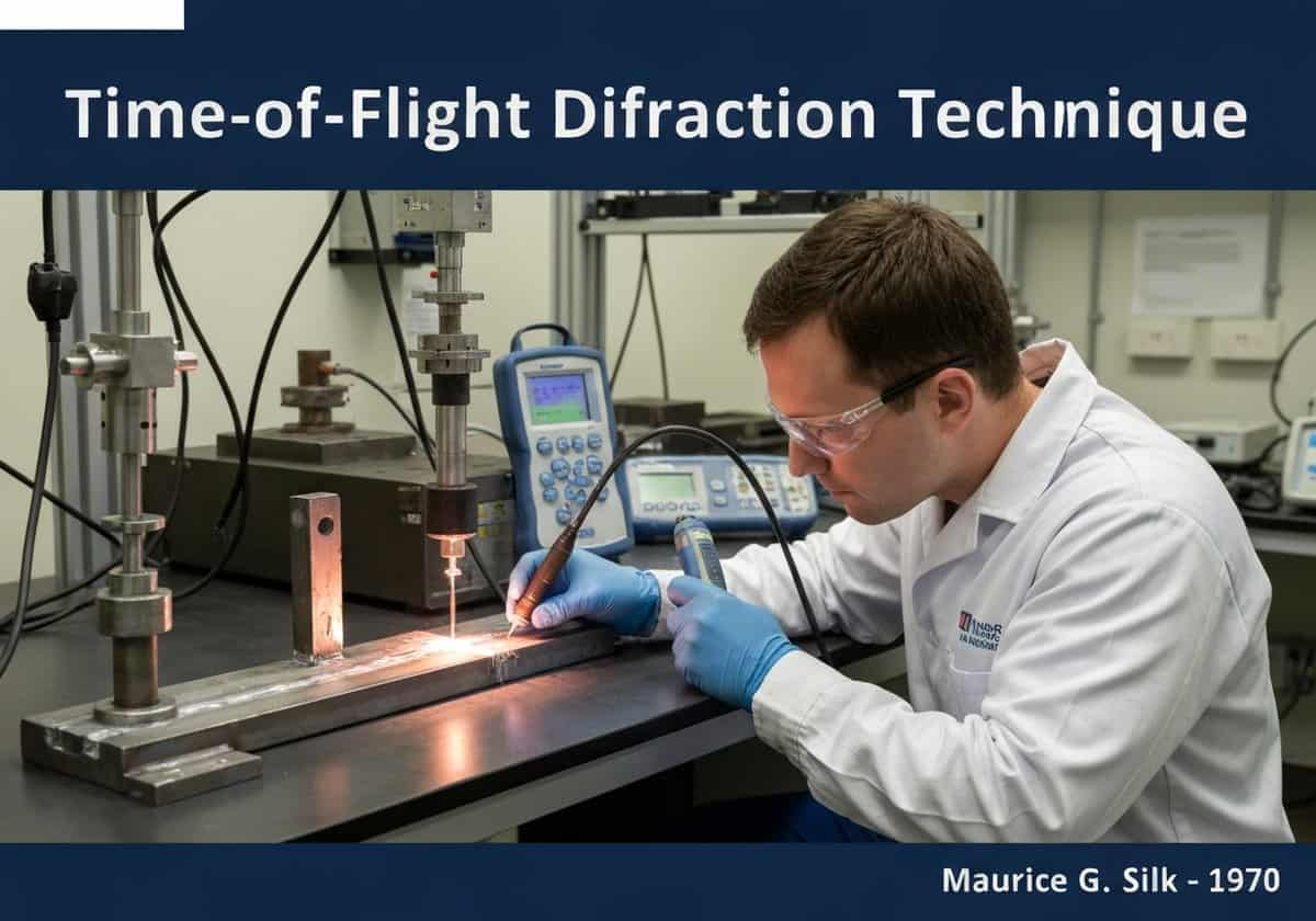 Technician performing Time-of-Flight Diffraction testing on a weld joint in a laboratory.