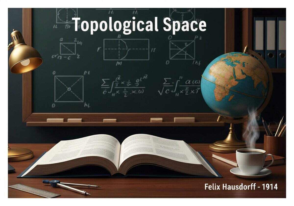 مكتب عالم رياضيات مع كتاب طوبولوجيا ولوح طباشير يمثل الفضاء الطوبولوجي.
