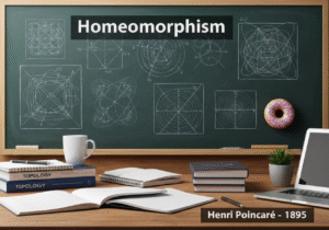 Mathematician's workspace showcasing homeomorphism with topological diagrams and deformation examples.