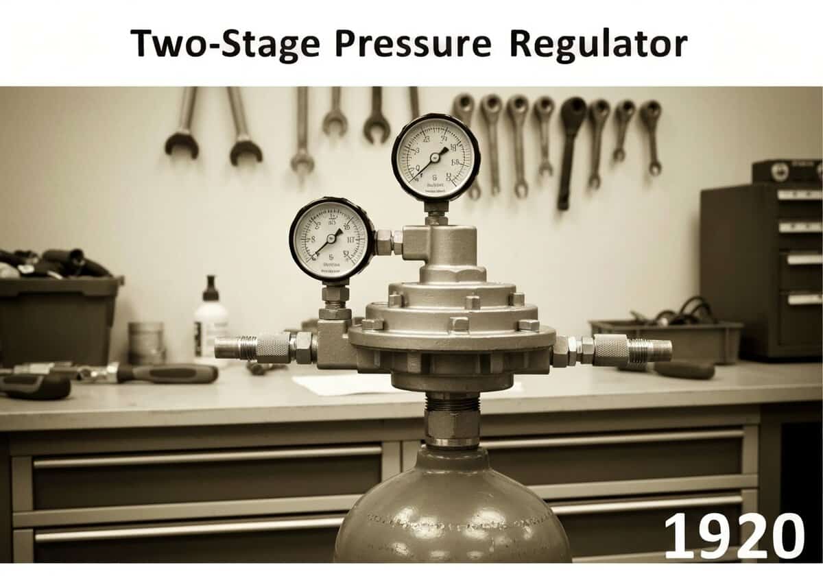 Régulateur de pression à deux étages pour les bouteilles de gaz dans les applications de construction mécanique.