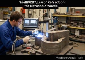Ultrasonic testing setup for weld inspection in manufacturing using Snell's Law.