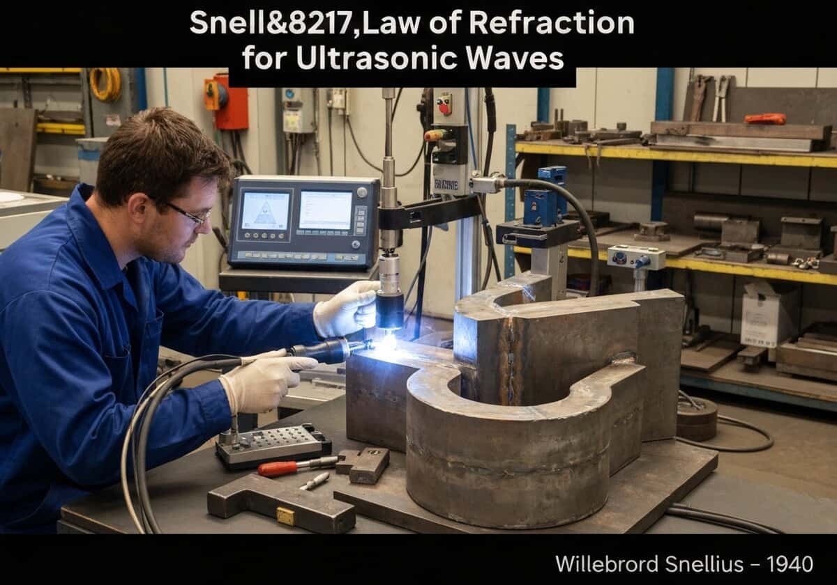 Ultrasonic testing setup for weld inspection in manufacturing using Snell's Law.