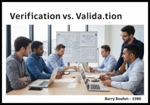 Team of engineers discussing verification and validation in software development.