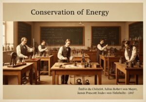 19th-century laboratory with physicists studying energy conservation principles.