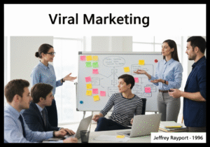 Office scene depicting professionals brainstorming viral marketing strategies in economics.