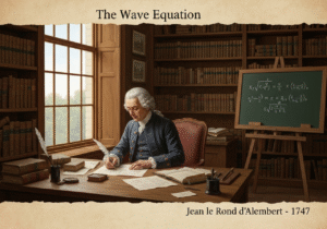 Jean le Rond d'Alembert developing the wave equation in a historical office setting.