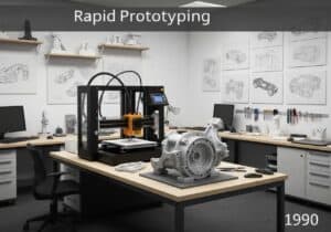 3D printer creating automotive part prototype in industrial design office.