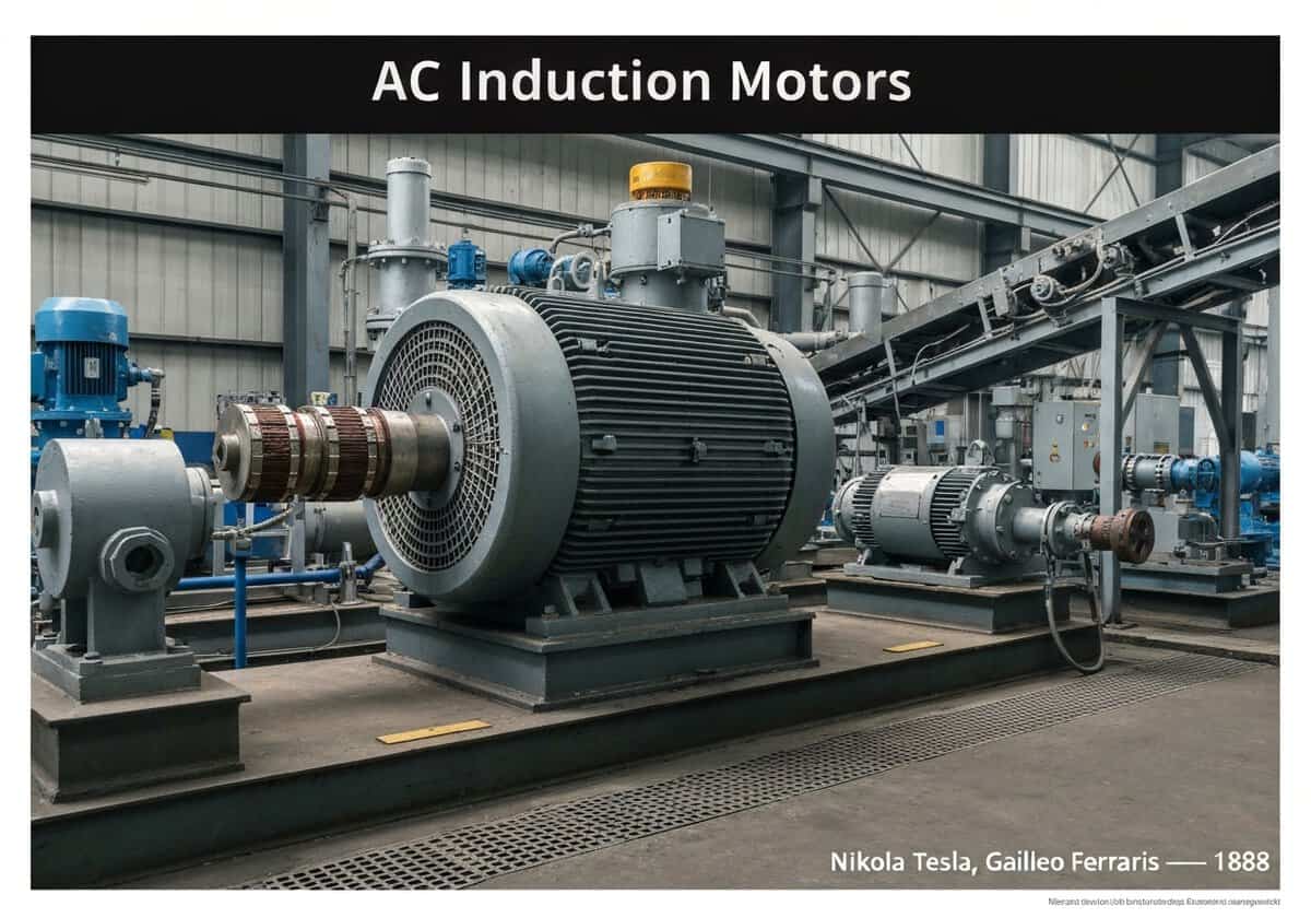Moteur asynchrone à courant alternatif dans une application industrielle avec stator et rotor visibles.