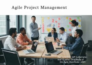 Agile project management meeting with diverse team in modern office.