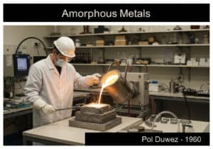 Laboratory scene with scientist pouring molten alloy for amorphous metals in solid state physics.