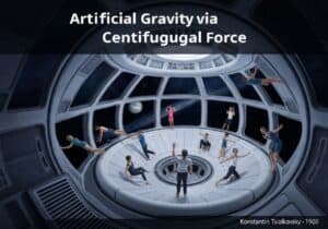Intérieur d'un vaisseau spatial cylindrique illustrant la gravité artificielle par la force centrifuge en ingénierie aérospatiale.