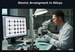 Metallurgist analyzing atomic arrangement in alloys under a microscope in a laboratory.